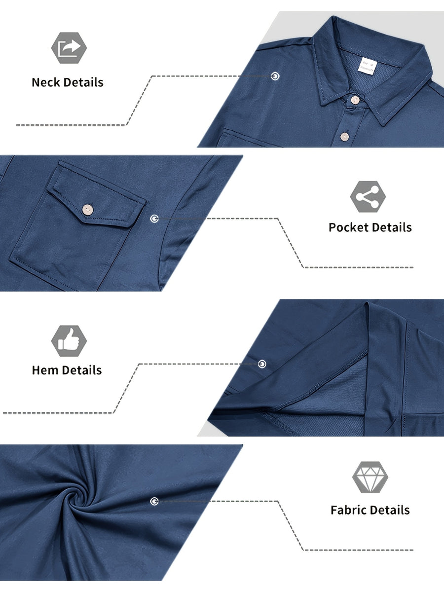 Autumn New Arrival 3pcs Set: Polo Collar Double Pocket Cargo Sweatshirt. Made of Thick Knitted Sweatshirt Fabric, Featuring a Half-zip Placket with Three Brown Vintage Buttons. Symmetrical Chest Cargo Pockets, Vintage Workwear Casual Style - Blue, Black, Dark
