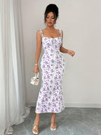 Elegant Floral Ruffled Strap Dress for Women - Mixed colors