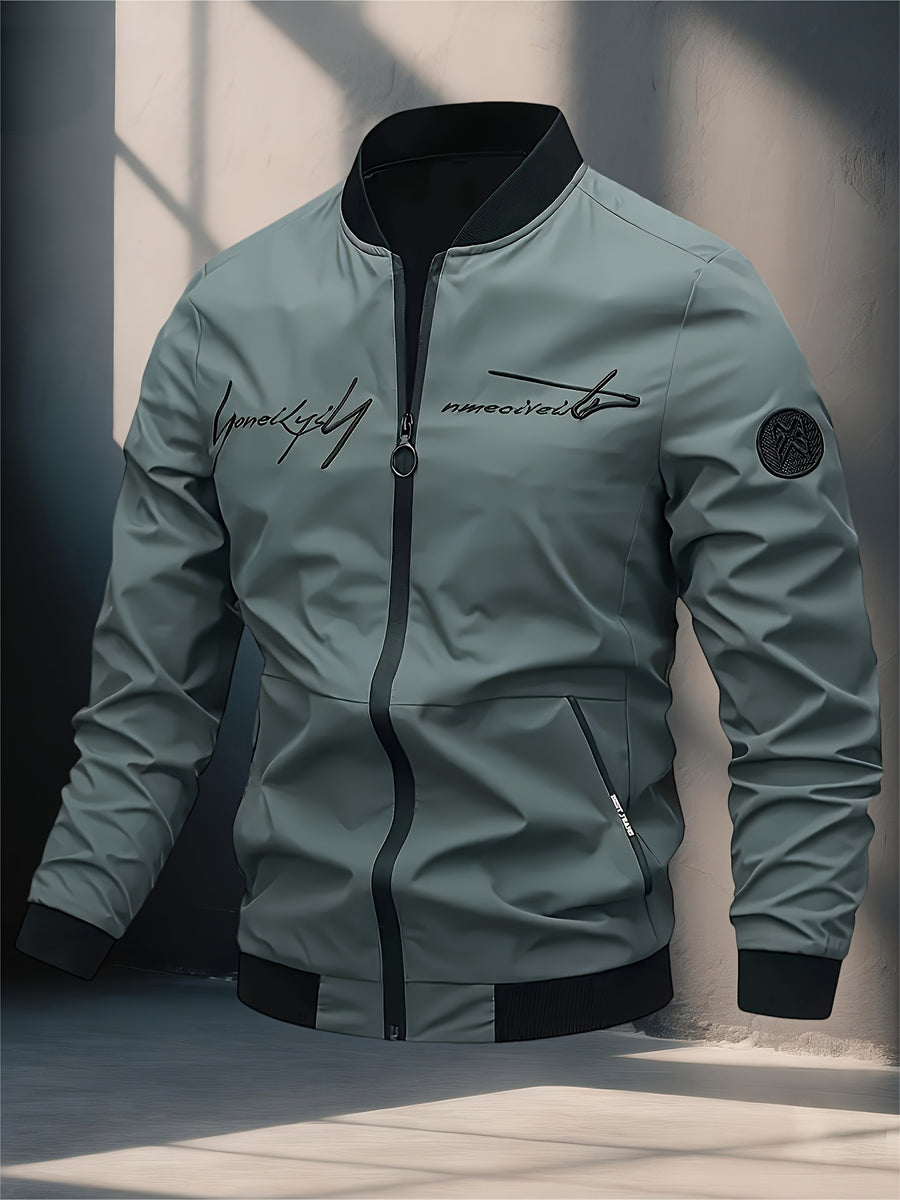 Men's Windproof Pilot Jacket with Letter Embroidery, Full Zip Closure, Suitable for Outdoor Sports, Hiking, Urban Commuting - Machine Washable, Polyester, Casual Fashion Versatile Trendy Black Coat, Essential for Stylish Men - fern green