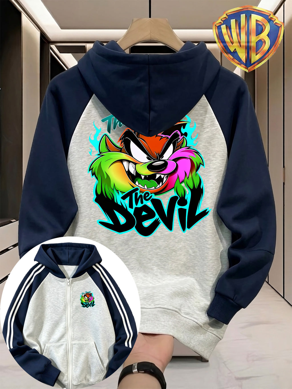 Men'S Color-Block Shoulder Ripped Zipper Hooded Sweatshirt, Vibrant Flame Tasmanian Devil The Devil Text Pattern Front And Back Print Style, Men'S Trendy Cardigan Hoodie, Loose Jacket, Pocket Design, Comfortable, Casual, Commute, Vacation, Premium - Navy Color