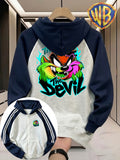 Men'S Color-Block Shoulder Ripped Zipper Hooded Sweatshirt, Vibrant Flame Tasmanian Devil The Devil Text Pattern Front And Back Print Style, Men'S Trendy Cardigan Hoodie, Loose Jacket, Pocket Design, Comfortable, Casual, Commute, Vacation, Premium - Navy Color