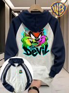 Men'S Color-Block Shoulder Ripped Zipper Hooded Sweatshirt, Vibrant Flame Tasmanian Devil The Devil Text Pattern Front And Back Print Style, Men'S Trendy Cardigan Hoodie, Loose Jacket, Pocket Design, Comfortable, Casual, Commute, Vacation, Premium - Navy Color