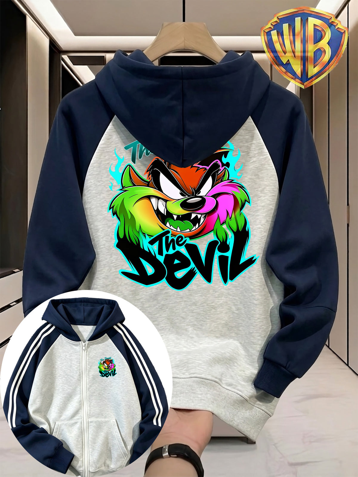 Men'S Color-Block Shoulder Ripped Zipper Hooded Sweatshirt, Vibrant Flame Tasmanian Devil The Devil Text Pattern Front And Back Print Style, Men'S Trendy Cardigan Hoodie, Loose Jacket, Pocket Design, Comfortable, Casual, Commute, Vacation, Premium - Navy Color