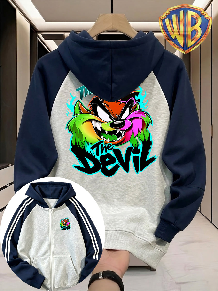 Men'S Color-Block Shoulder Ripped Zipper Hooded Sweatshirt, Vibrant Flame Tasmanian Devil The Devil Text Pattern Front And Back Print Style, Men'S Trendy Cardigan Hoodie, Loose Jacket, Pocket Design, Comfortable, Casual, Commute, Vacation, Premium - Navy Color