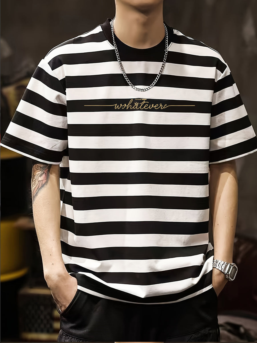 Simple Letter Print Fashion Men's Short Sleeve - Black And White