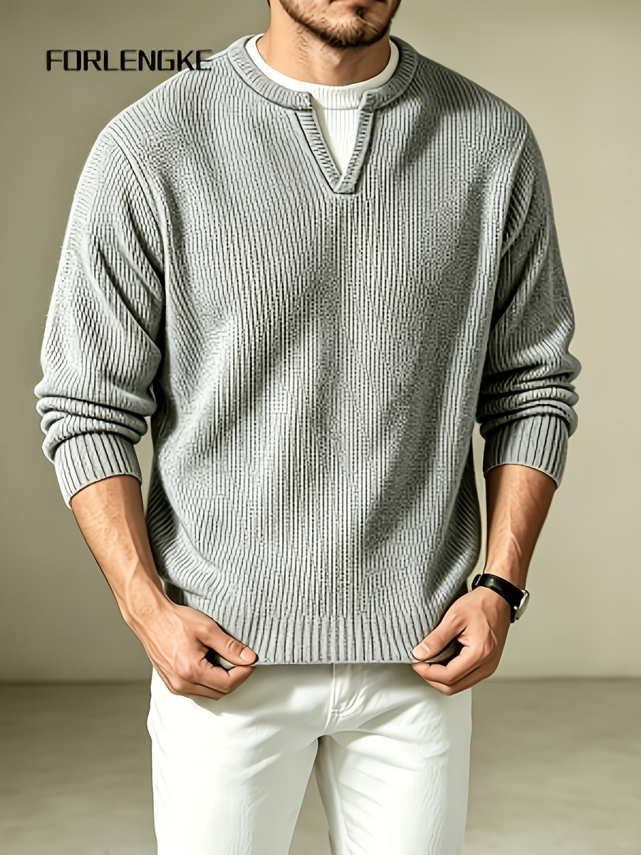 FORLENGKE Men'S Faux 2pcs V-Neck Sweater Autumn New Heavyweight Thick Needle Color-Block Knitwear, Easy Small V-Neck Design Creating Layered Look, Soft And Thick Fabric Comfortable And Skin-Friendly, Loose And Versatile Fit - Grey