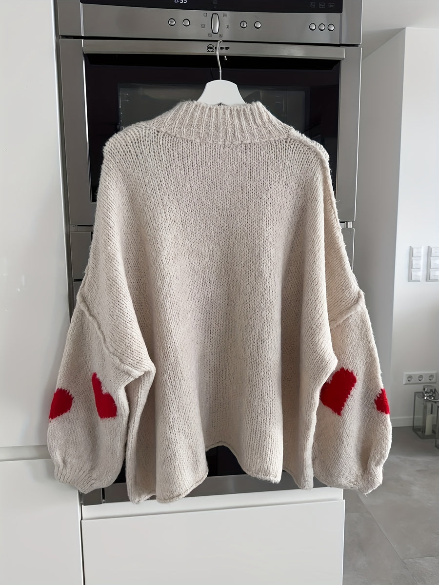 Women's Elegant Loose Fit Heart Pullover Sweater NS702 - Off-white