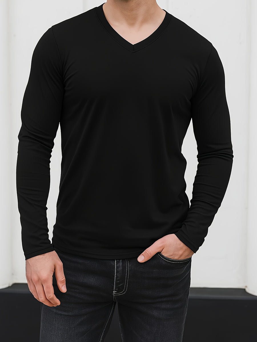 Autumn and Winter Basic Men's V-Neck Knit Sweater, Versatile Daily Commute Top - Black