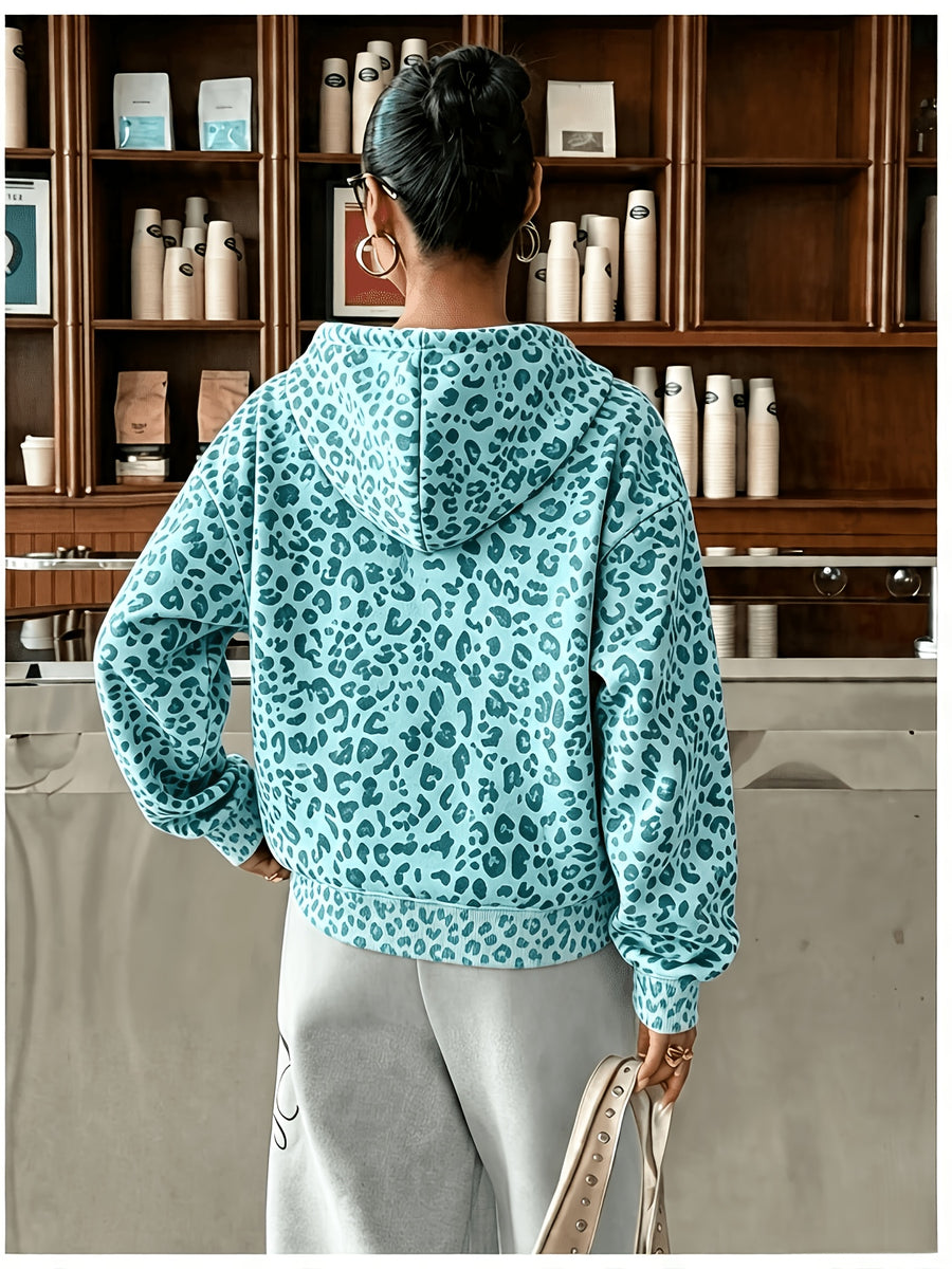 Women's Fashion Leopard Print Hoodie Sweatshirt - Cyan