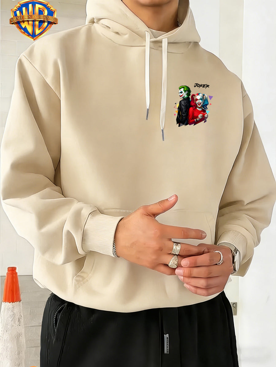 Warner Bros. American Comic-style Joker and Harley Quinn Back-to-back Design, JOKER Title Character with Heart Graphic and Colorful Triangle Accents, Trendy and Cool Printed Men's Fashion Hooded Sweatshirt, Sleeve Print Design, Kangaroo Pocket - Apricot