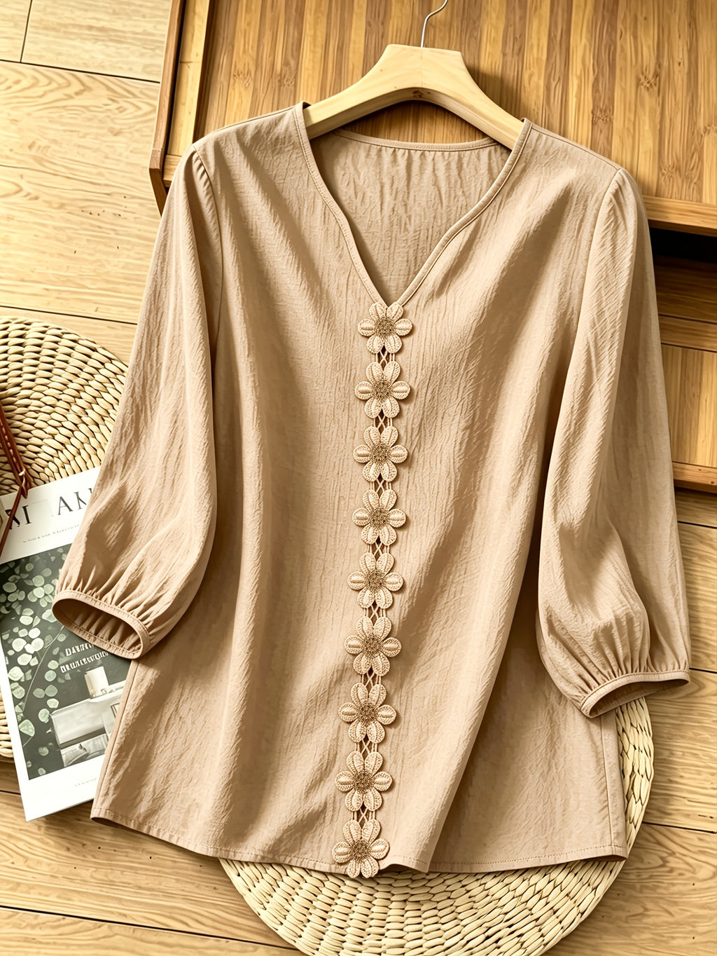 French-Style Gentle Textured Shirt with V-Neck, Lace Floral Design, Lantern Sleeves, Loose Fit, Relaxed Style, Versatile Daily Top - Apricot