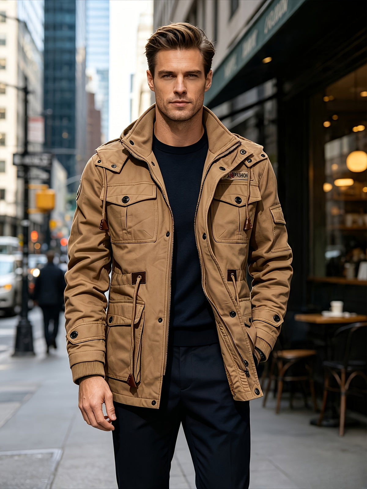 TNZI Men' Vintage Washed Hooded Cargo Jacket - Multi-Button & Zipper Hooded Coat with Collar, Half-Door Zipper Closure, Button Utility Outerwear Suitable for Business Commute, Outdoor Hiking, Winter Streetwear Jacket - Yellowish-brown