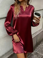 New Section Versatile Easy High-End Elegant V-Neck Solid Color Dress - Burgundy