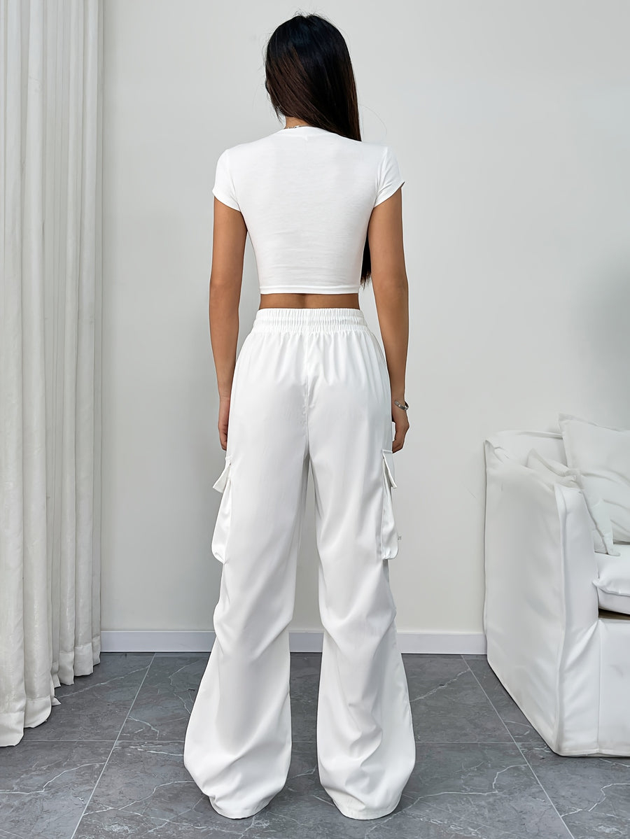 American Style Quick-Dry Cargo Pants Women'S Summer New American Parachute Trousers High-Waist Wide-Leg Casual Drawstring Pants - White