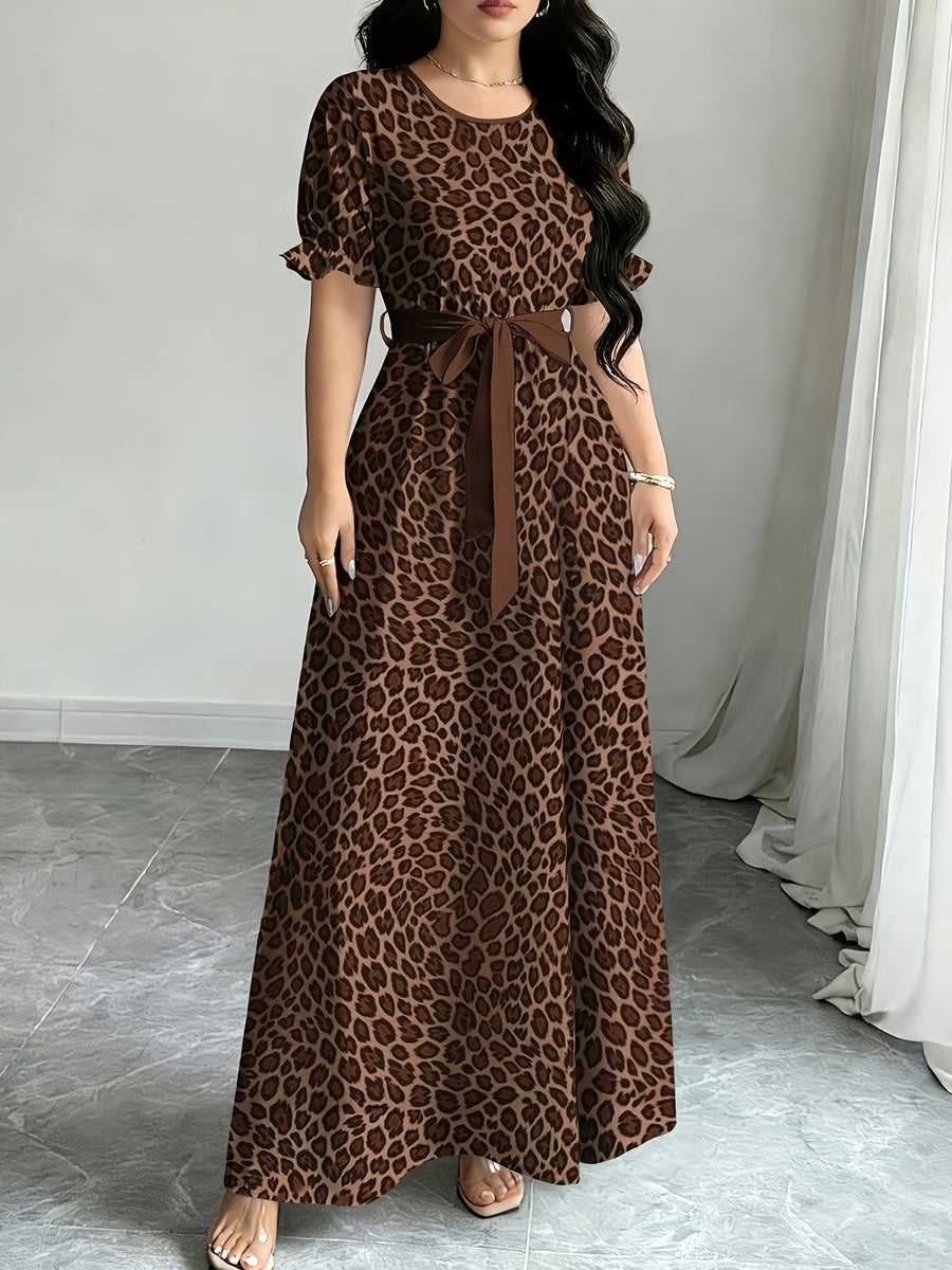 Women'S Printed Round Neck Casual Waist Dress - Coffee Brown