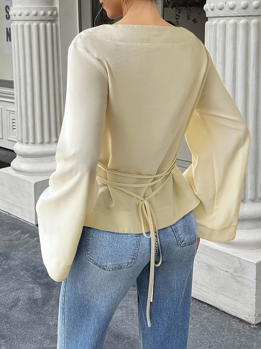 Women'S Solid Back Tie Flared Sleeve Blouse - Light Yellow
