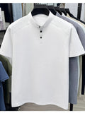 1 Men's Stand Collar Short Sleeve Polo Shirt, Suitable for Business Commutes and Daily Outings, Breathable, Moisture-Wicking, Loose Fit, Slimming, Casual Top, Basic T-Shirt for Middle-Aged and Younger Mature Men, Popular in Europe and America - White