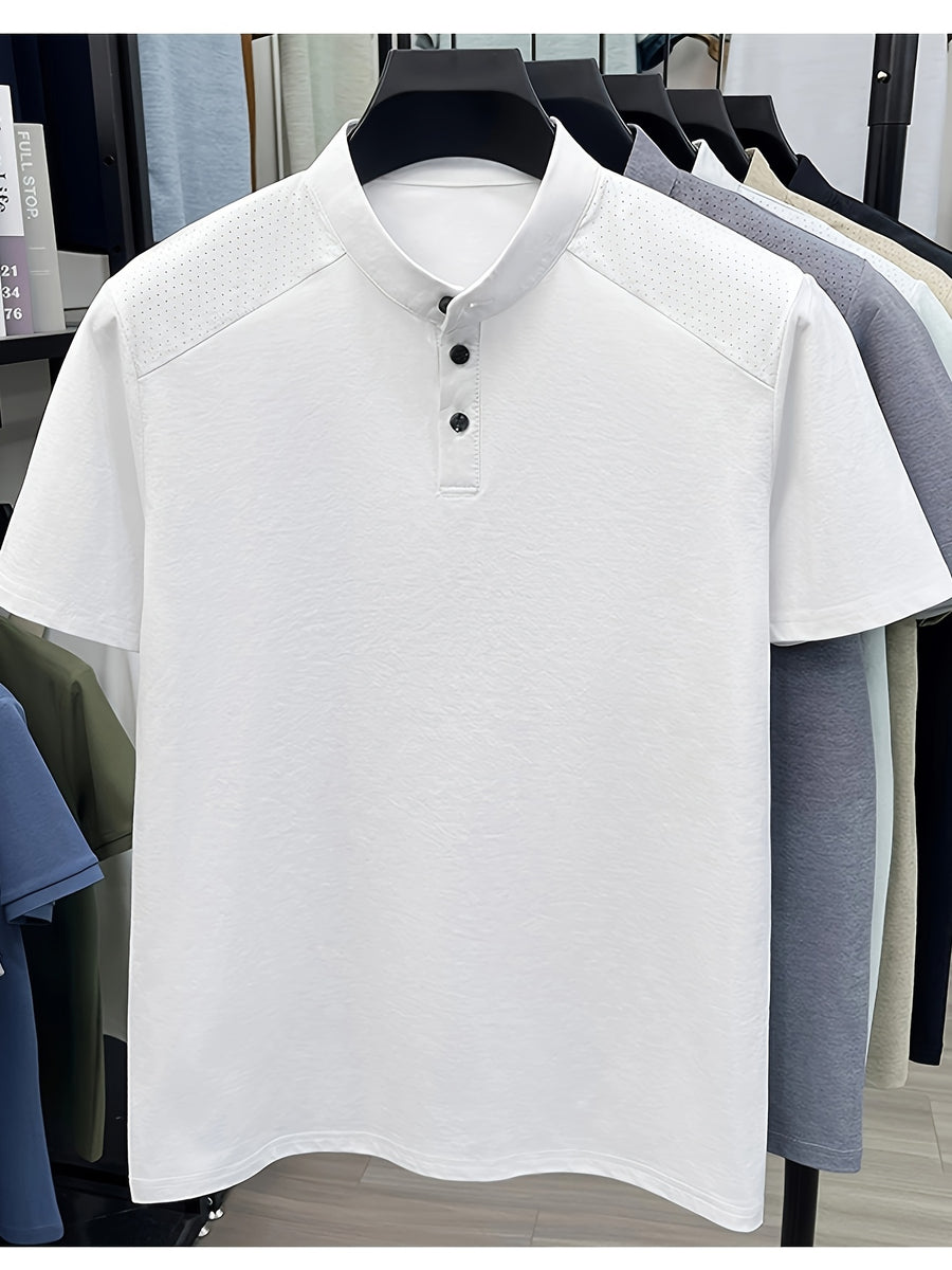1 Men's Stand Collar Short Sleeve Polo Shirt, Suitable for Business Commutes and Daily Outings, Breathable, Moisture-Wicking, Loose Fit, Slimming, Casual Top, Basic T-Shirt for Middle-Aged and Younger Mature Men, Popular in Europe and America - White