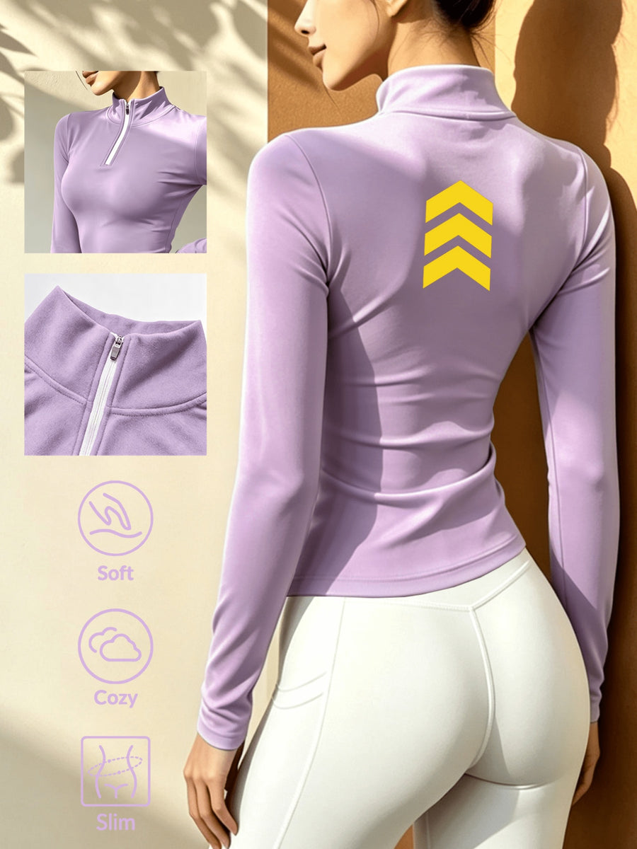 Autumn Winter Women'S Solid Color Semi-High Neck Long Sleeve Base Layer, Half-Zip Tight Top, Outdoor Warm Layering Top - Taro Purple