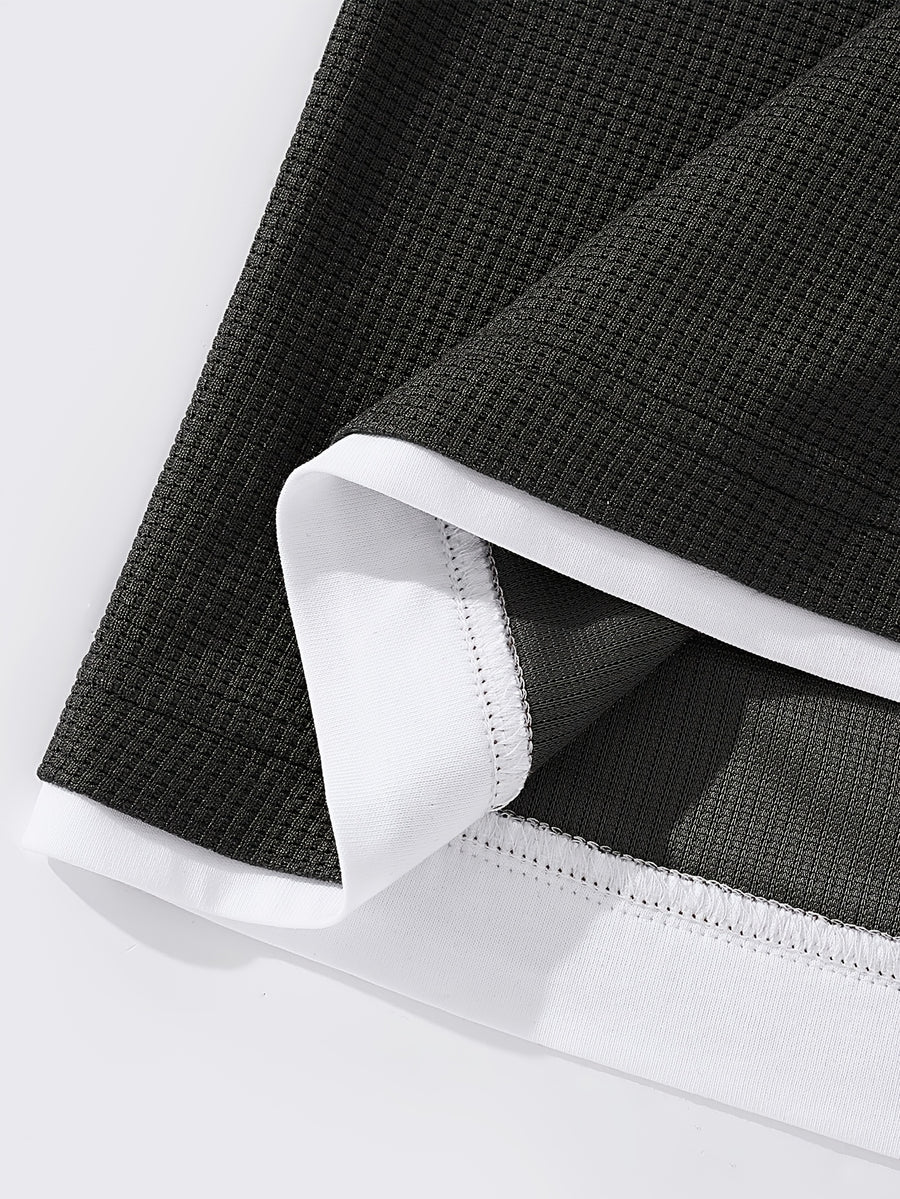 Men'S Long-Sleeve Base Layer Shirt for Spring And Autumn, New Style Faux Two-Piece T-Shirt, Solid Color Waffle Texture Pullover, Fashionable Casual Inner Layer Top with a Stylish Design - Black