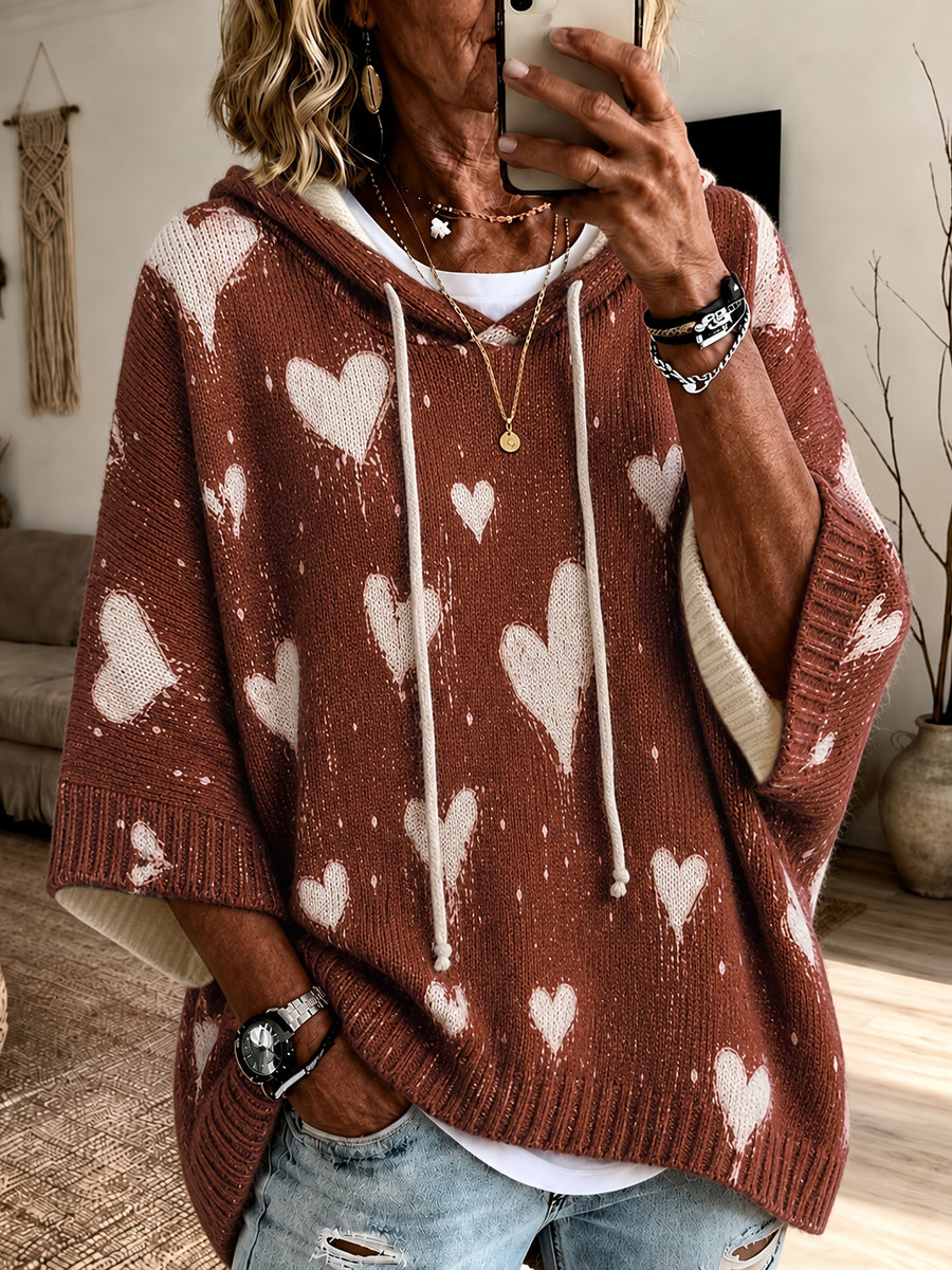 Plus Size, 2026 Women's Autumn/Winter Heart Print Hooded Three-Quarter Sleeve Cape Sweater Top with Drawstring, Lazy Style, Loose Fit,, Fashionable, Versatile, Casual, Commuting, Vacation, Plus Size Sweater Top for Women - Caramel Brown