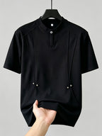 Men's Casual Deconstructed Studded Fashion Short Sleeve Loose Fit Henley Collar Snap Button Design T-Shirt, Available in Stock for Summer - Black