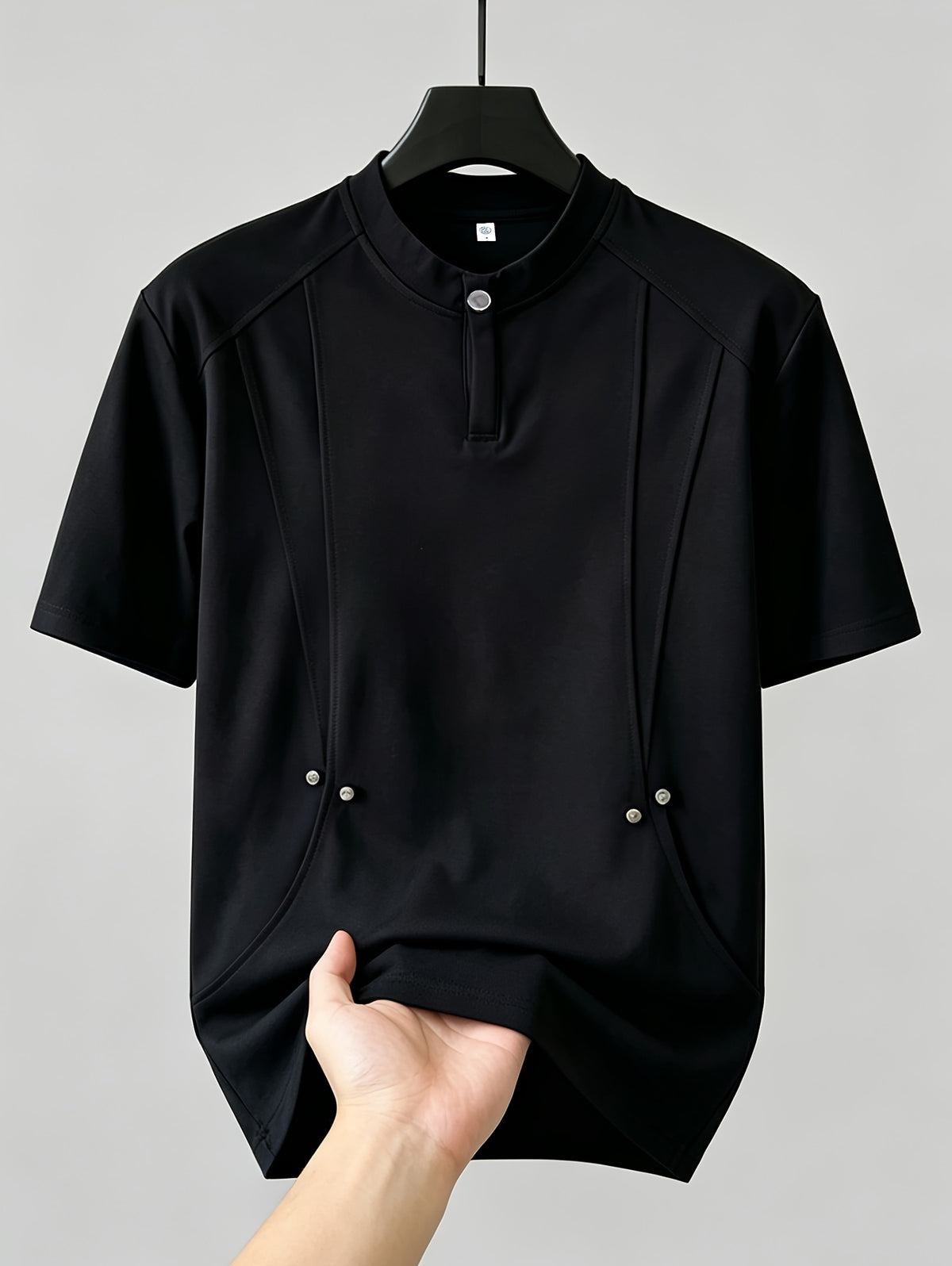 Men's Casual Deconstructed Studded Fashion Short Sleeve Loose Fit Henley Collar Snap Button Design T-Shirt, Available in Stock for Summer - Black