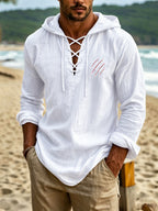 Cool and Wild Themed Men's Linen Long-Sleeve Hoodie, Featuring a Wild Claw-marked Tear Texture Print on the Body, an Ingenious Cross-tie V-neck Design, and a Hooded Long-sleeve Style with an Arched Hem, Making It a Suitable Outfit Choice for Island - White