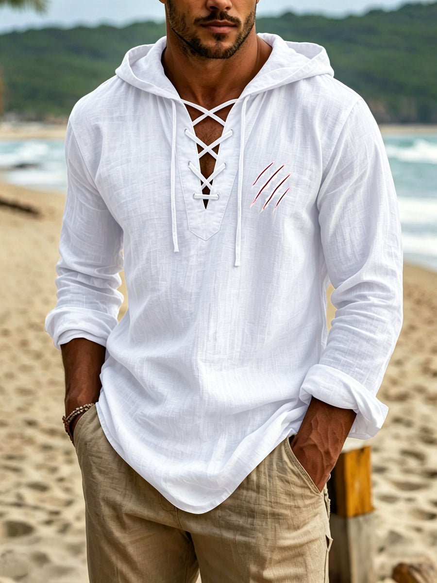 Cool and Wild Themed Men's Linen Long-Sleeve Hoodie, Featuring a Wild Claw-marked Tear Texture Print on the Body, an Ingenious Cross-tie V-neck Design, and a Hooded Long-sleeve Style with an Arched Hem, Making It a Suitable Outfit Choice for Island - White