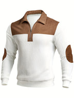 Men's Color-Block Design Casual Stand Collar Pullover - Ribbed Color-Block Patchwork, Thick and Warm Pullover, Stand Collar with Zipper Design, Suitable for Daily Casual Fashion, Simple and Versatile for Outings and Commuting, Long-Sleeve  Pullover - White