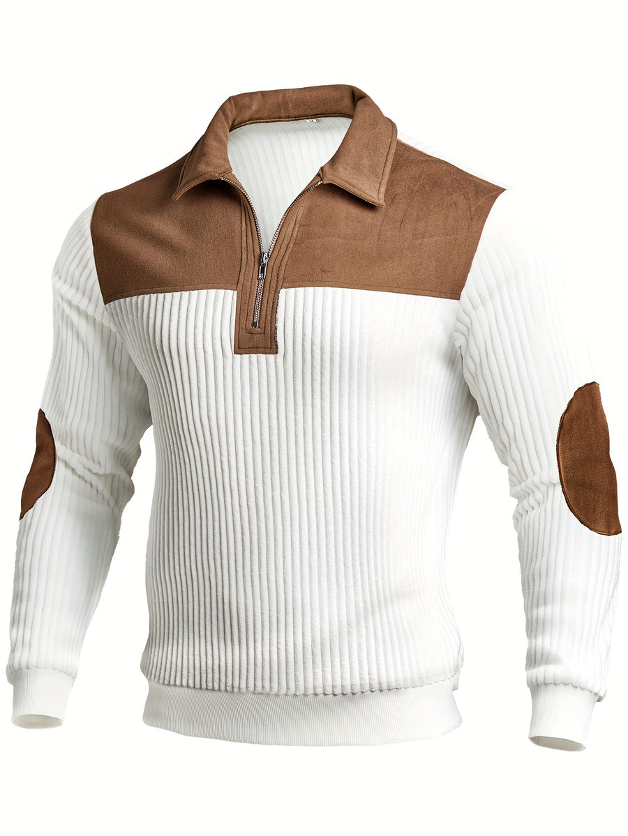Men's Color-Block Design Casual Stand Collar Pullover - Ribbed Color-Block Patchwork, Thick and Warm Pullover, Stand Collar with Zipper Design, Suitable for Daily Casual Fashion, Simple and Versatile for Outings and Commuting, Long-Sleeve Pullover - White