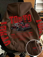 New Autumn/Winter Men's Tokyo Underground Racing Print Hooded Sweatshirt, American Street Style Motorcycle Top - Coffee Color