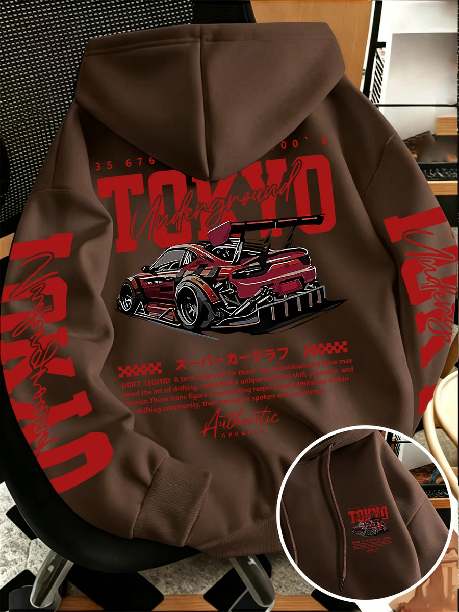 New Autumn/Winter Men's Tokyo Underground Racing Print Hooded Sweatshirt, American Street Style Motorcycle Top - Coffee Color