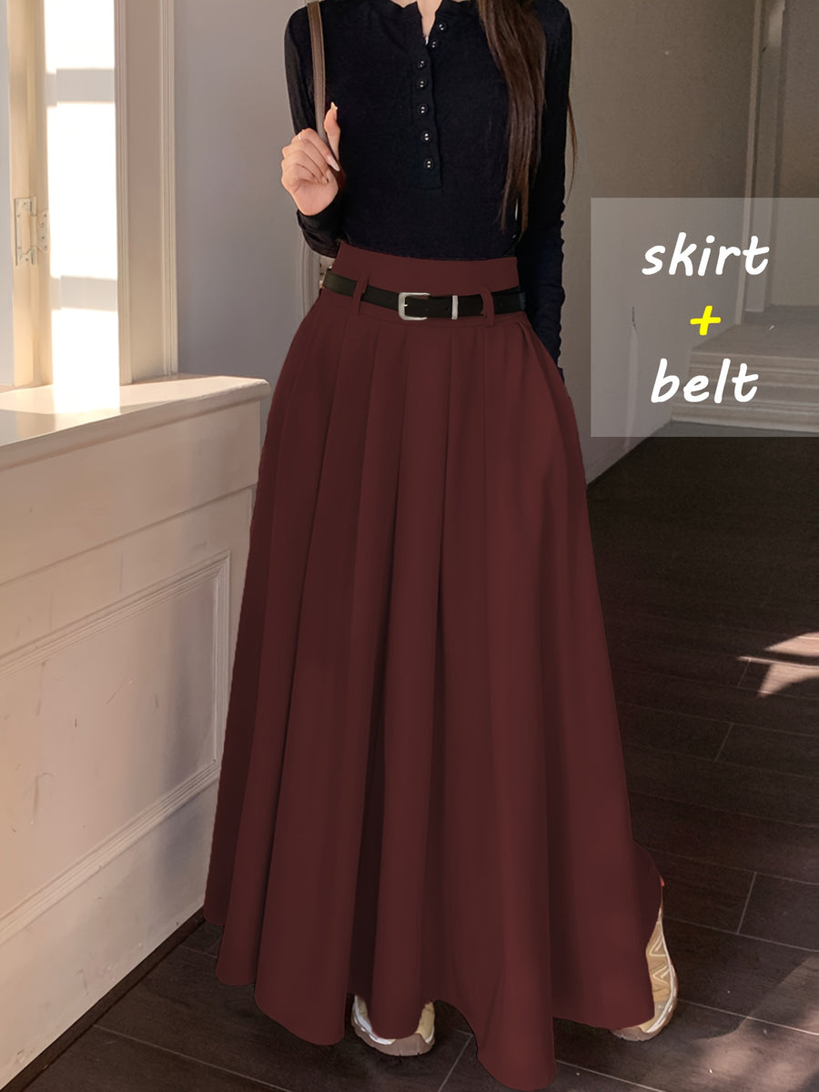 Fashionable, Elegant, and Graceful Pleated Midi/maxi Skirt for Workplace, Daily Wear, Commuting, and Office Use. Simple, Form-fitting Design Suitable for Spring and Autumn - Deep Red