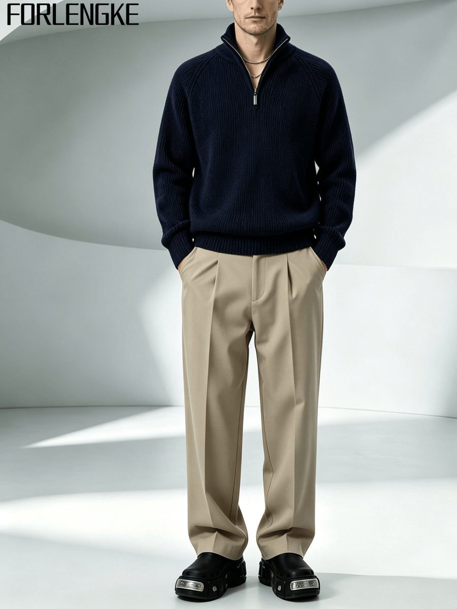 FORLENGKE Men's Half-Zip Sweater with Stand Collar & - High-Elastic Pullover, Half-Zipper Front Suitable for Outdoors, Dates, Casual Wear, Solid Color Base Layer Sweater for Fall/Winter Layering (Dry Care) - Shangqing