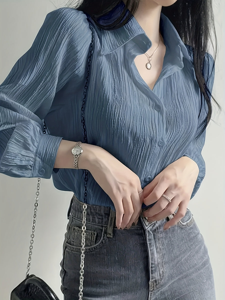Solid Color Shirt Women'S French Long Sleeve Blouse Jacket Autumn Winter Thin Women'S Clothing Design-Oriented Shirt Top - Vibrant Blue