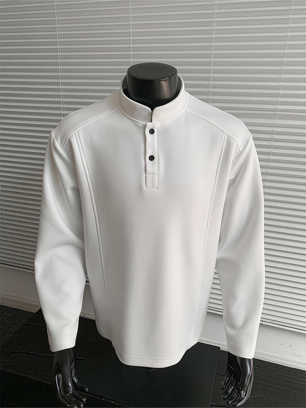 Spring/Autumn Henry Neck Long Sleeve T-Shirt, Loose Fit with Half-Open Placket Design, Versatile Commuter Base Layer, an Excellent Choice for Daily Work and Casual Vacations - White