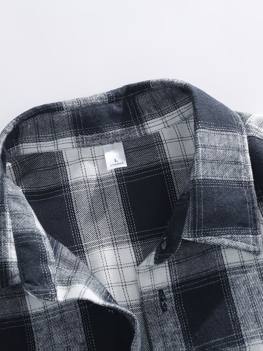 Men Turn- Collar Long Sleeve Plaid Pattern Shirt, Button Up Pocket Loose Blouse for Urban Commute Daily - Blue