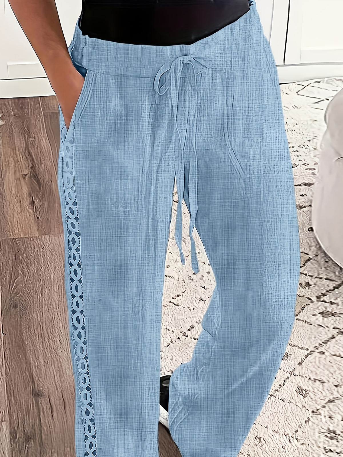 Women'S Solid Color Long Pants, Side Seam Lace Trim, Casual Wear, Loose Trousers - Light Blue
