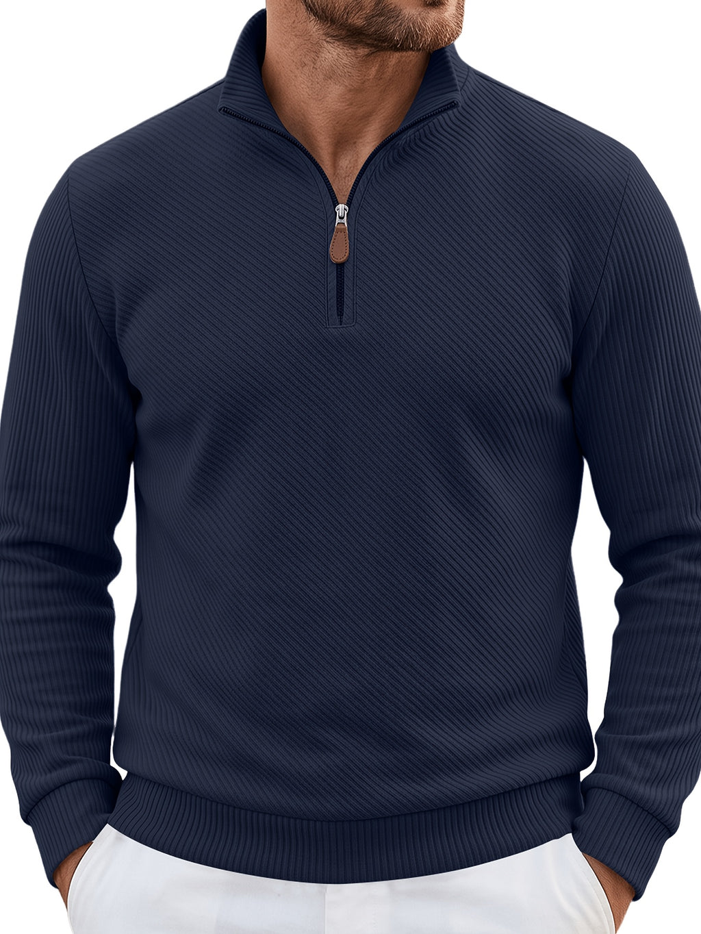 2pcs Men'S Autumn Winter New Corduroy Textured Half-Zip Stand Collar Knit Sweater Set, Light Luxury Long Sleeve Elastic Ribbed Base Layer Business Casual Inner Outerwear; Daily Commute, Home Entertaining, Camping Dating Scenarios - Black+Navy Blue