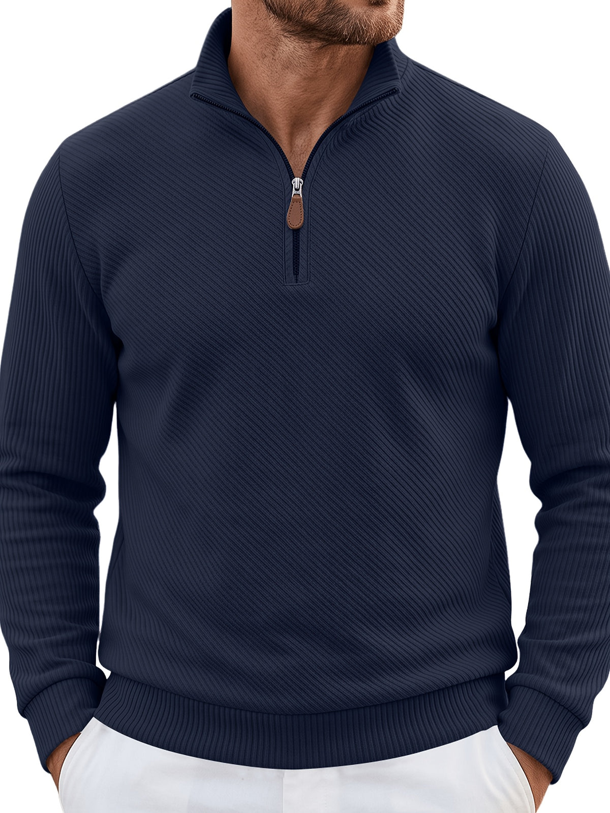 2pcs Men'S Autumn Winter New Corduroy Textured Half-Zip Stand Collar Knit Sweater Set, Light Luxury Long Sleeve Elastic Ribbed Base Layer Business Casual Inner Outerwear; Daily Commute, Home Entertaining, Camping Dating Scenarios - Black+Navy Blue