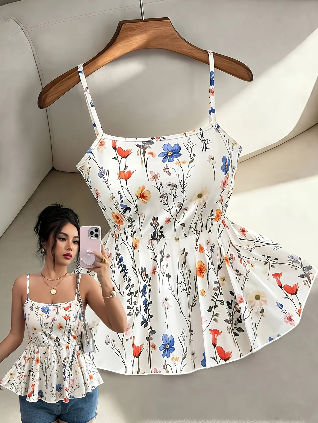 Women'S Elegant Summer Floral Print Square Neck Waist-Cinching A-Line Vest Dress, Sexy Summer Top, Floral Print Vest, Fashionable Elegant Vacation Style Casual Wear - Mixed colors