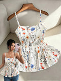 Women'S Elegant Summer Floral Print Square Neck Waist-Cinching A-Line Vest Dress, Sexy Summer Top, Floral Print Vest, Fashionable Elegant Vacation Style Casual Wear - Mixed colors