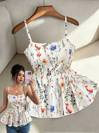 Women'S Elegant Summer Floral Print Square Neck Waist-Cinching A-Line Vest Dress, Sexy Summer Top, Floral Print Vest, Fashionable Elegant Vacation Style Casual Wear - Mixed colors