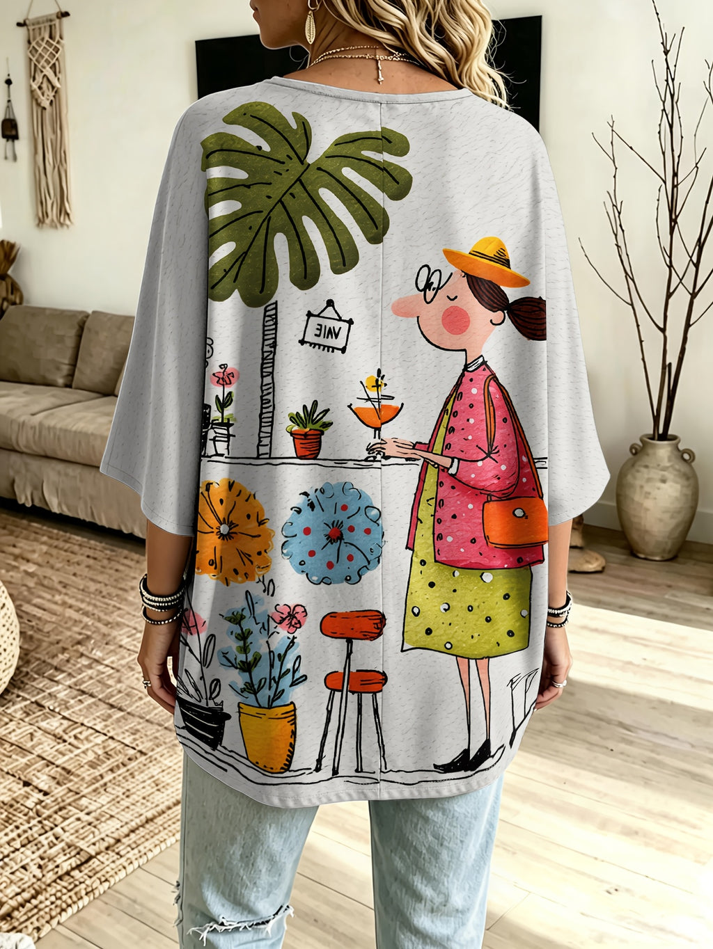 Plus Size, Women's Plus Size Loose-Fitting Cartoon Hand-Drawn with Green Plants and Flowers Print Crew Neck Three-Quarter Sleeve Top, Mid-Length Casual Versatile Sweatshirt T-Shirt - Gray background color