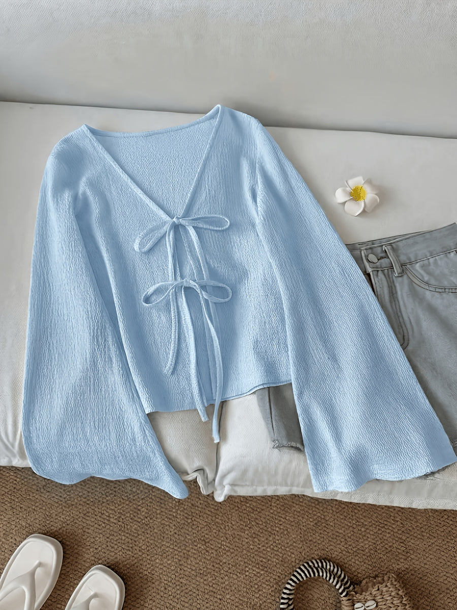 Solid Color Front-Tie Bow Open-Front Fashion Flared Sleeve Blouse New Women'S Short Top - Light Blue