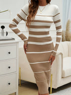 Stylish Commuter Casual Slim Fit Sweater Dress with Round Neck, Long Sleeves and Hip-Hugging Design in Striped Contrast for All Seasons - Khaki