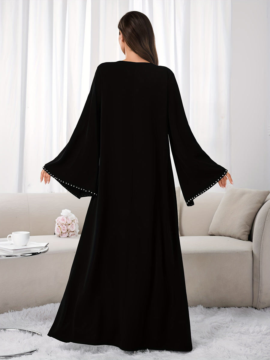 1pc Slim-fit Stretch Abaya Sleeve Front Zipper A-line AbayaElegant Flowing Muslim Robe Convenient Daily Islamic Women's WearStretch Sleeve Front Zipper AbayaSuitable for Daily Commuting, Gatherings with Family Friends, and Islamic Festive Occasions - Black