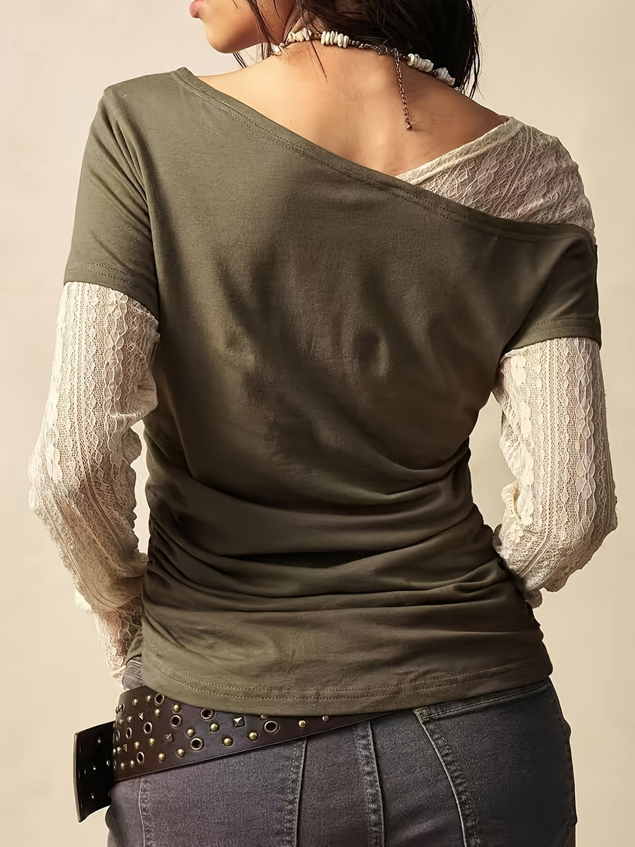 Lace 2-in-1 Look Spliced Long-Sleeve T-Shirt - Army Green