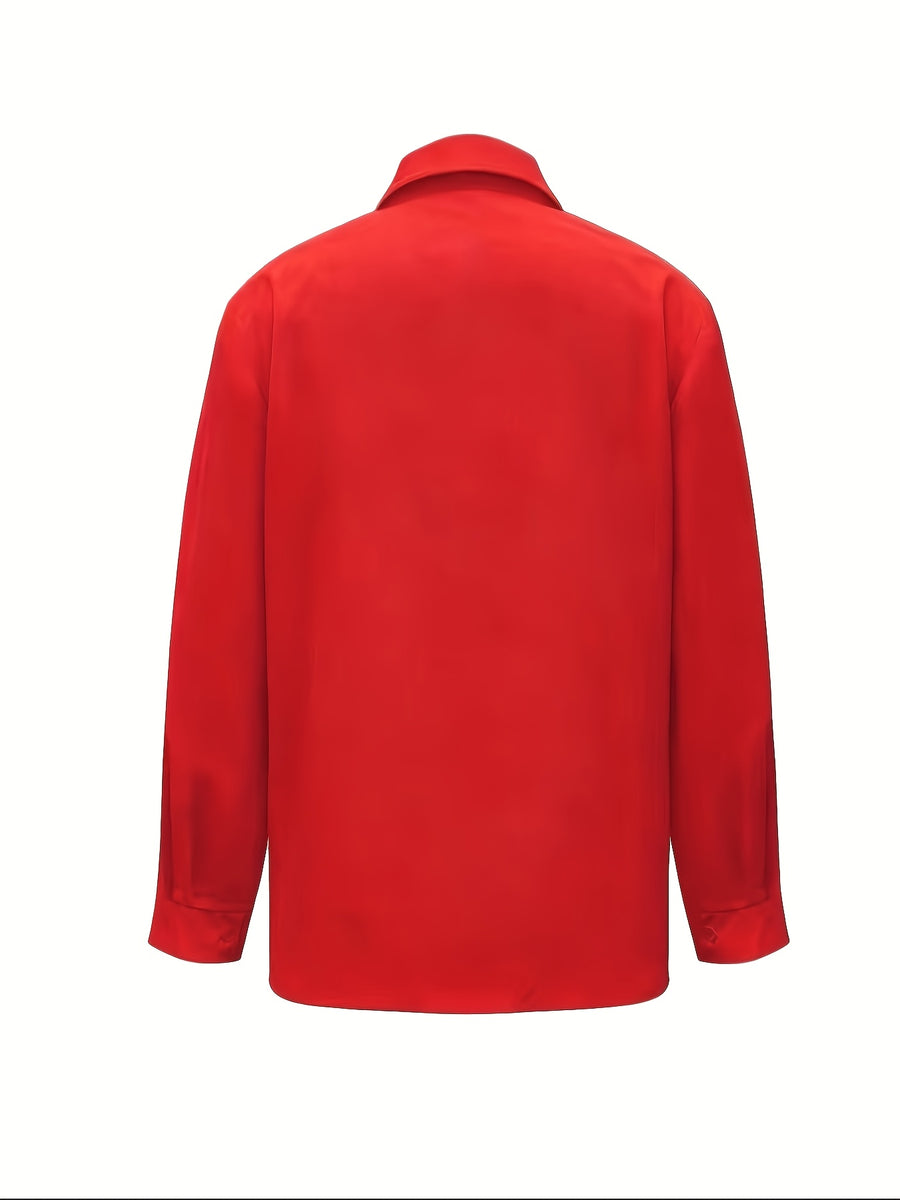 Elegant Off-Shoulder Color-Blocked Tie Long-Sleeve Blouse for Women'S Commuting: Spring Outfit Ideas, Summer Wardrobe - Red